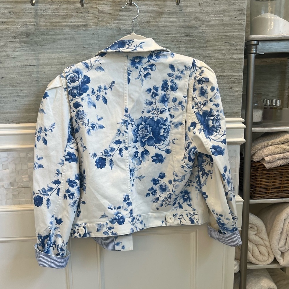 NWT new medium Anthropologie puff sleeve denim jean blue floral utility jacket - Picture 11 of 16